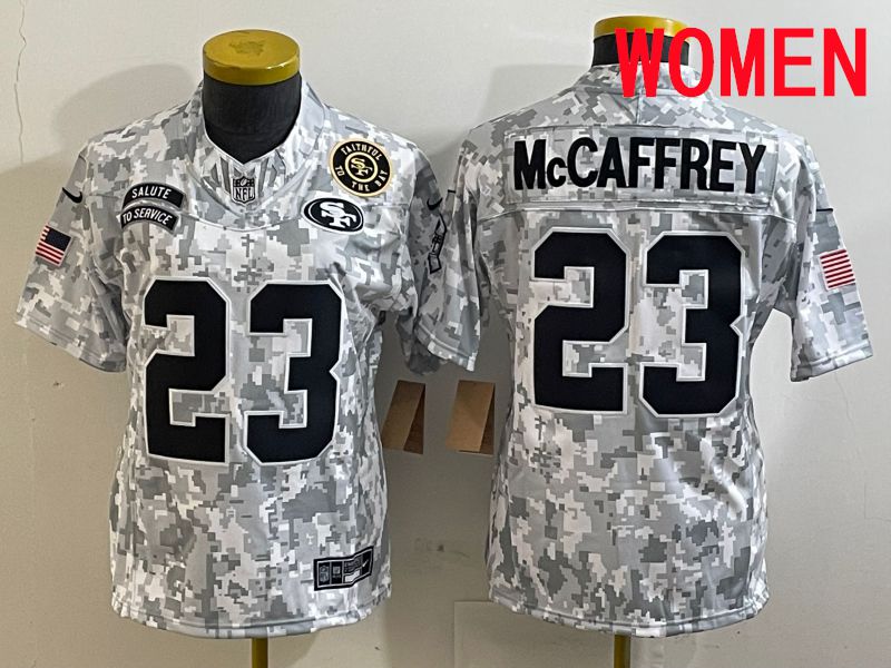 Women San Francisco 49ers #23 Mccaffrey Nike Arctic Camo 2025 Salute to Service Limited NFL Jersey style 3->women nfl jersey->Women Jersey